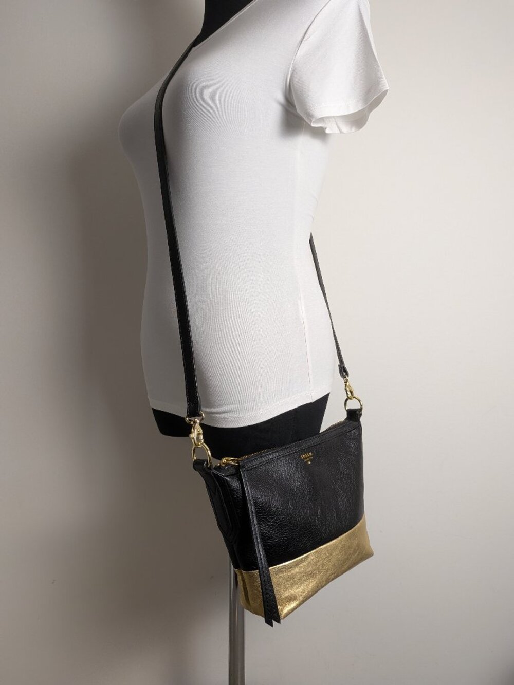 Fossil Gold Black Leather Crossbody Clutch Classic